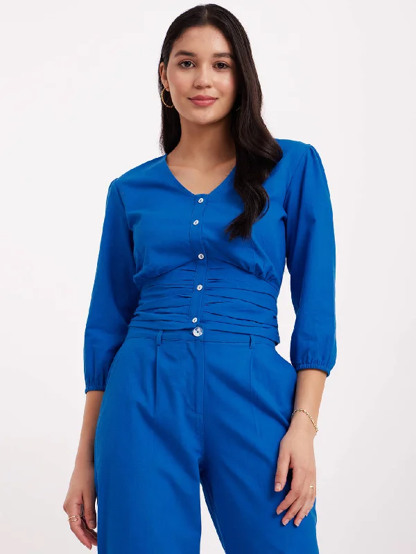 Weekend Style Deals – Limited Availability Linen Pleat Detail Top - Blue