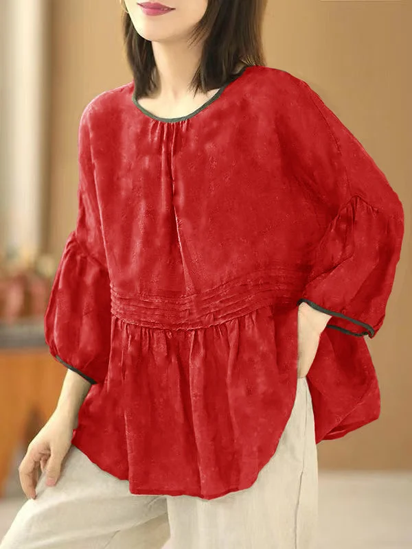 Trendy Styles Handmade Red O Neck Print Wrinkled Patchwork Cotton Top Summer