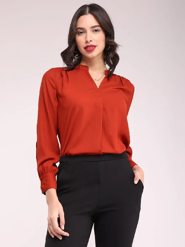 Where Style Meets Savings Mandarin V-Neck Top - Rust