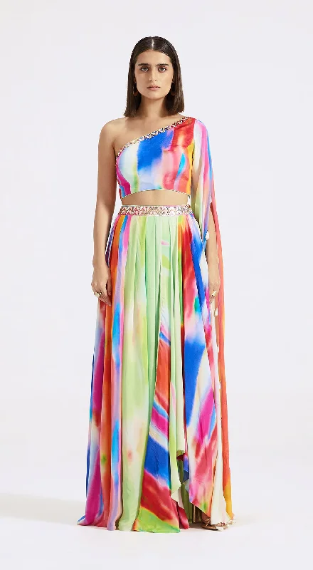 Spring Fashion Multicolored One-Shoulder Top & Skirt Set