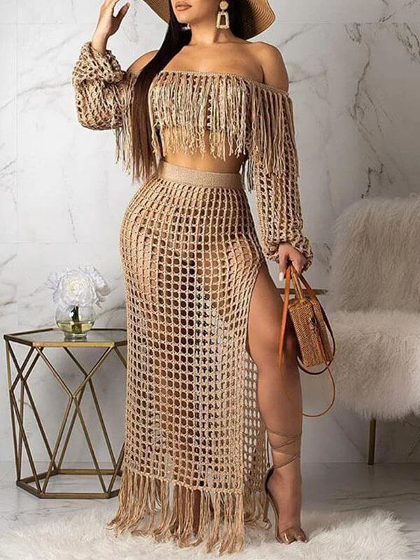 Summer Deals Mesh Tassels Crop Top & Skirt Set