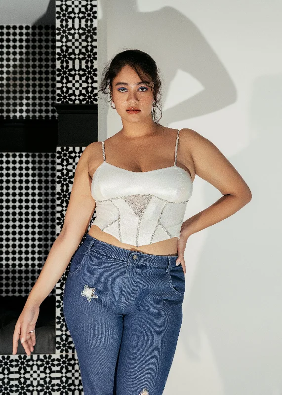 Don't Miss Out Janelle White Holographic Rhinestone Corset Top