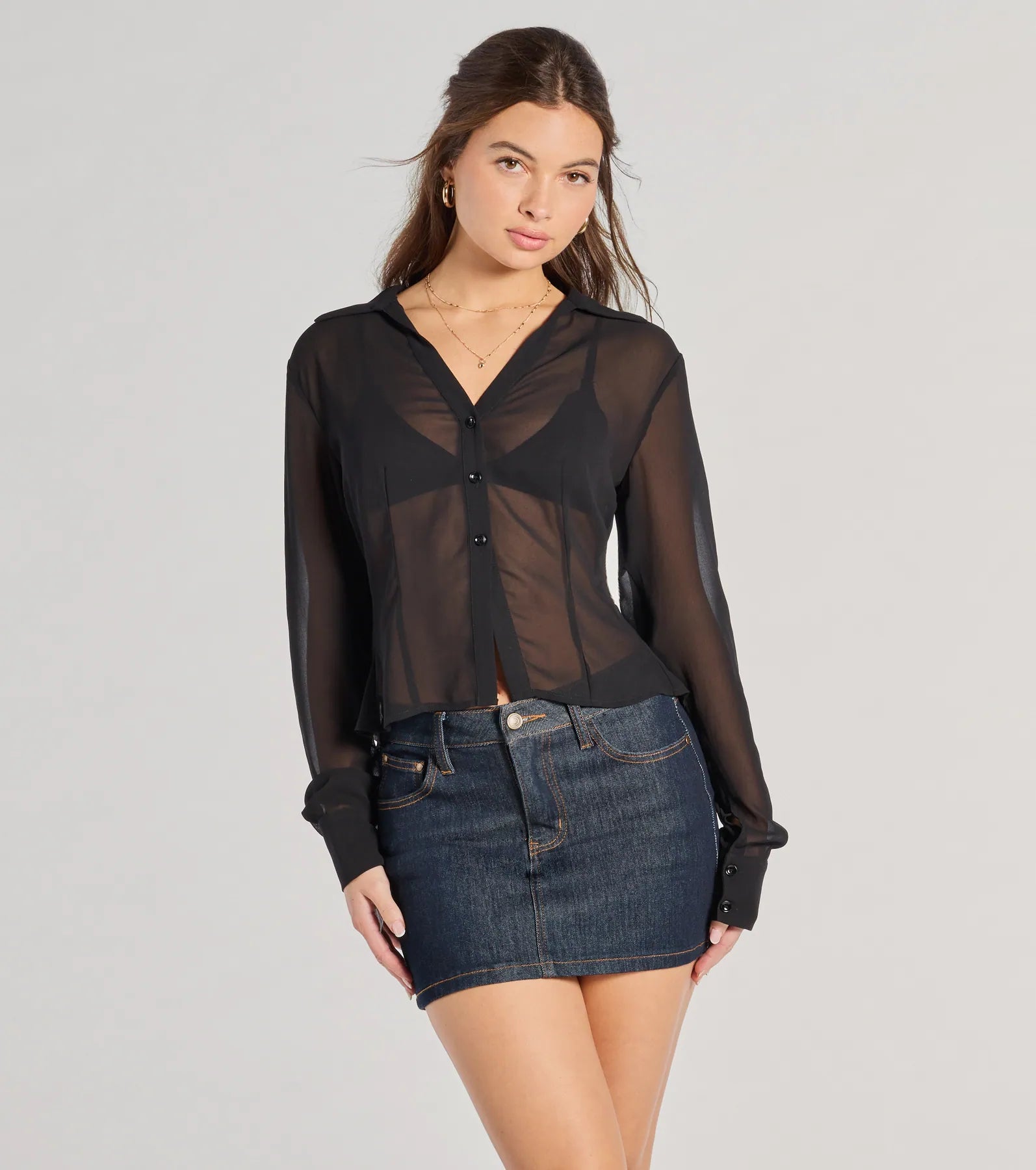 Flirty Fashion Discounts Sheer To Be Seen Smocked Back Chiffon Button Top