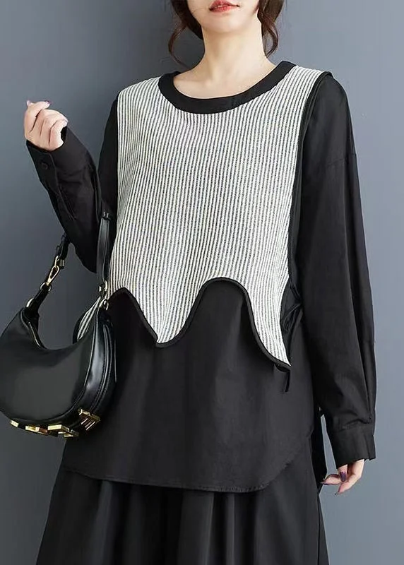 Seasonal Style Discounts Loose Black Asymmetrical Patchwork False Two Pieces Cotton Shirt Top Spring