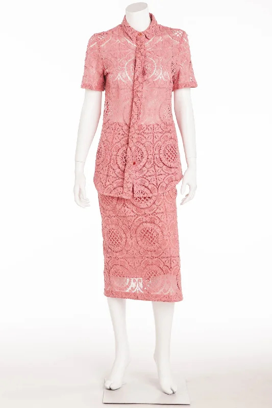 Stock Up And Save Before The Sale Ends Burberry Prorsum - Editorial 2PC Pink "English Rose" Short Sleeve Button Up Top & Skirt - IT 44