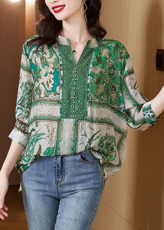 Special Savings Event Happening Now Stylish Green V Neck Print Zircon Patchwork Cotton Tops Summer Special Savings Event Happening Now Stylish Green V Neck Print Zircon Patchwork Cotton Tops Summer