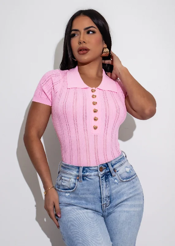 Elegant Designs At Reduced Prices Elegant Essentials Knit Polo Long Top Pink