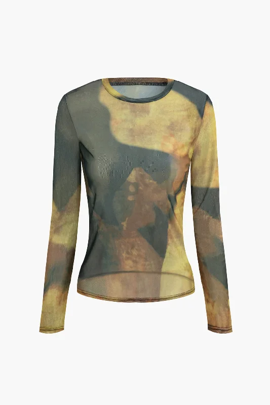Chic & Modern Sales Ombre Print Mesh Round Neck Long-Sleeve Top