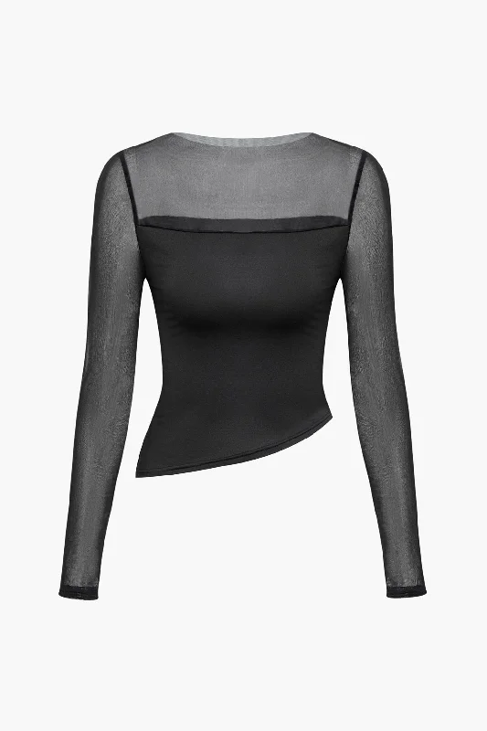 Chic And Trendy Mesh Sheer Asymmetry Long-Sleeve Top