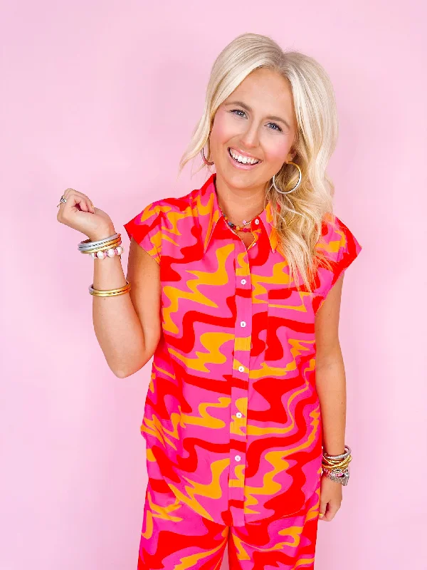 Last Chance For Amazing Deals GROOVE ON THE DANCE FLOOR BUTTON UP TOP - FUCHSIA