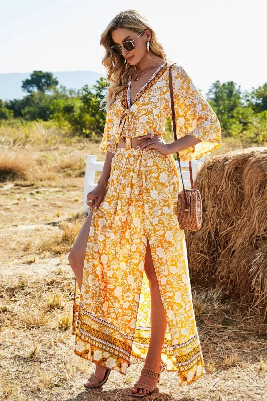 Fashionista Favorites Printed Half Sleeve Top and Slit Skirt Set