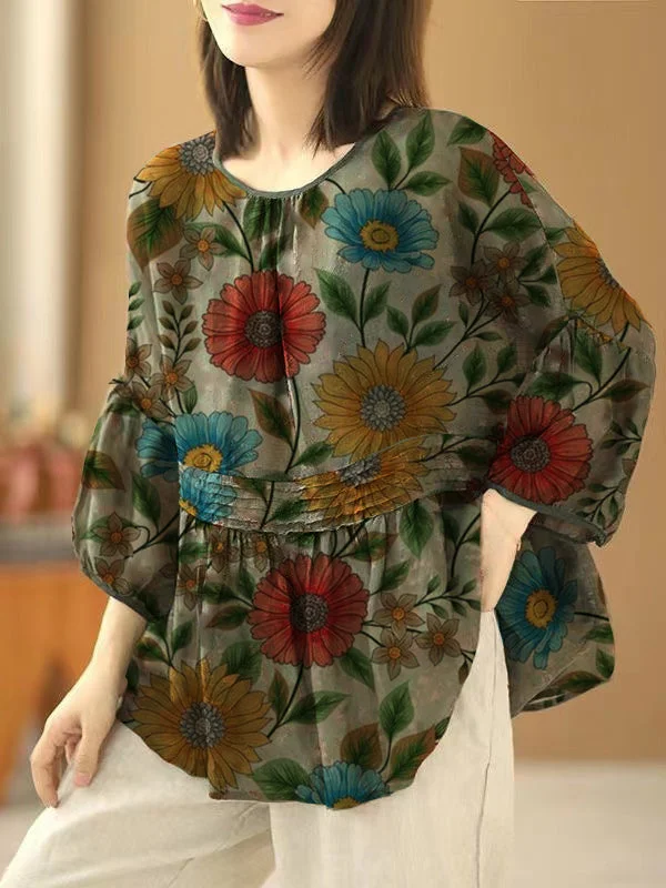 Save Big Handmade Grey O Neck Print Wrinkled Patchwork Cotton Top Summer