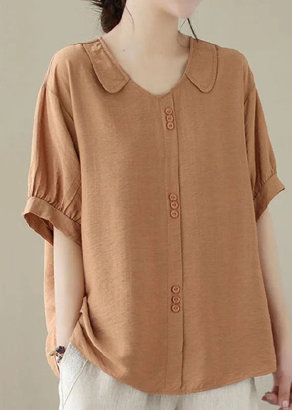 Limited Stock Casual Orange Peter Pan Collar Patchwork Cotton Shirt Tops Summer
