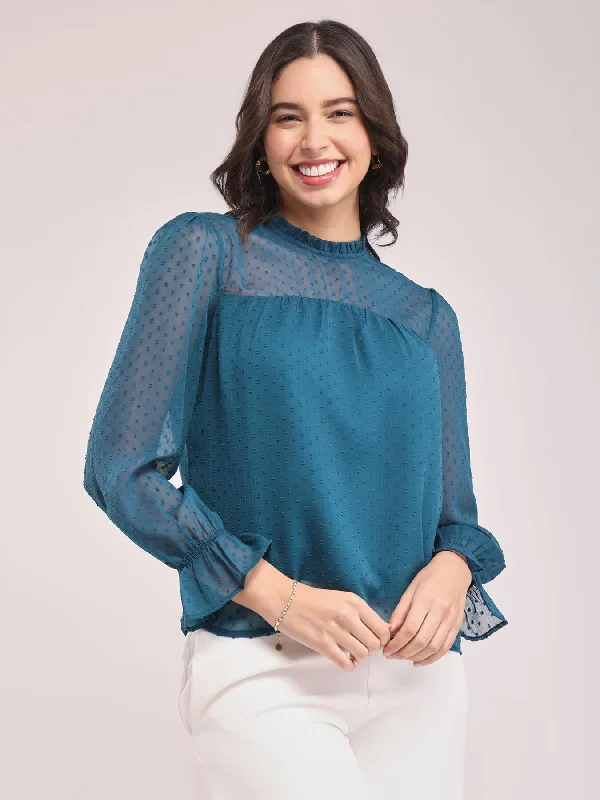 Sunday Shopping Spree – Grab The Best Deals Chiffon Ruffle Neck Top - Teal