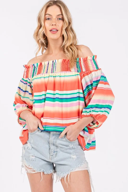 Durable Fashion Picks ORANGE STRIPED OFF SHOULDER SMOCKING TOP TU13624PB