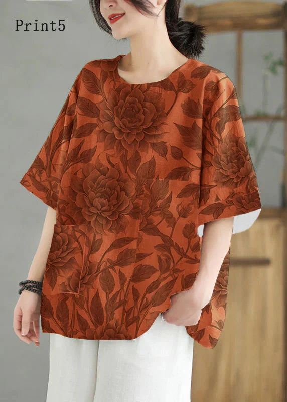 Essentials On Sale Women Print5  O Neck Print Patchwork Linen T Shirt Top Summer