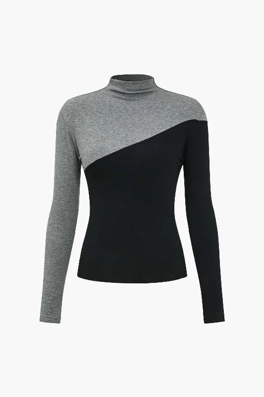 Sleek Style Discounts Contrast Mock Neck Long-Sleeve Top