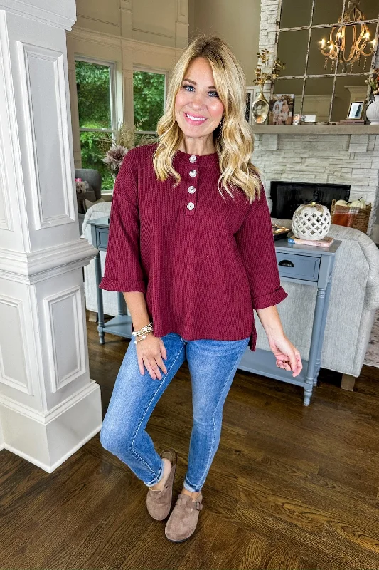 Limited-Time Offers On Top Styles The Reese Half Button Down Three-Quarter Sleeve Top in Wine