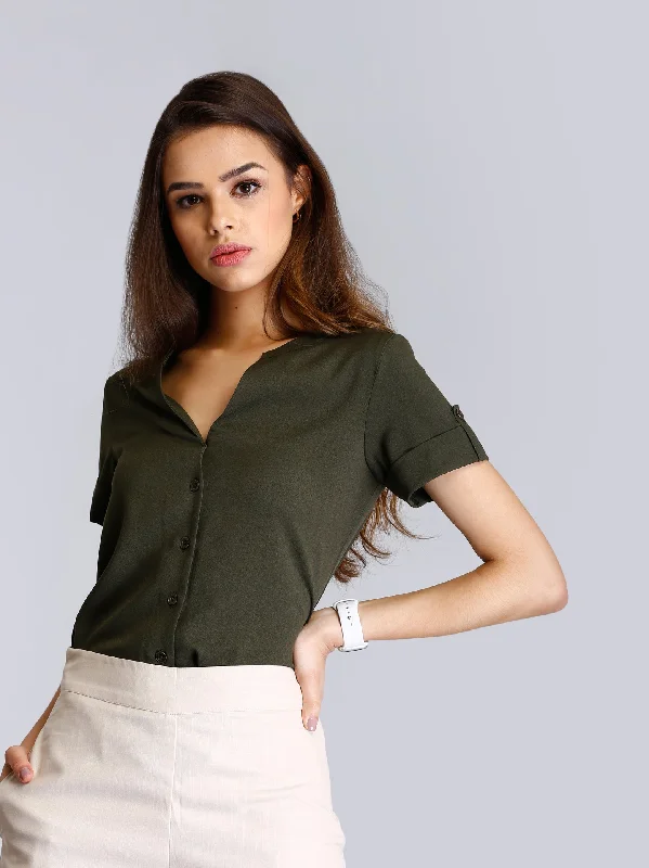 Score The Best Deals Before Monday V Neck Folded Sleeve Top - Olive