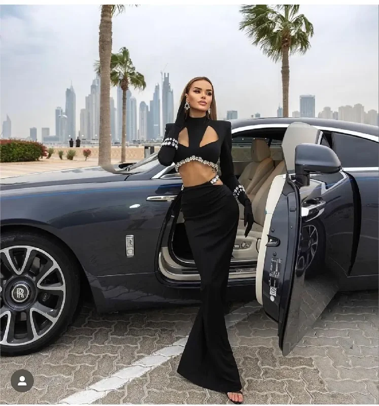 Style Revolution Stylish Luxury Diamonds Woman Bandage Set Sexy Hollow Out Short Top And Mermaid Long Skirt 2 Pieces Evening Party Vestido