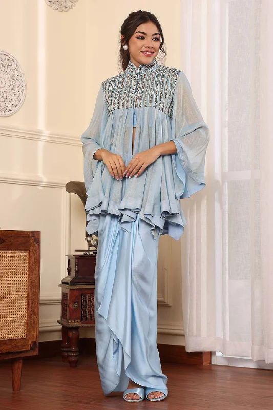 Chic & Cozy Collection Powder Blue Ajrakh Embroidered Top & Skirt Set