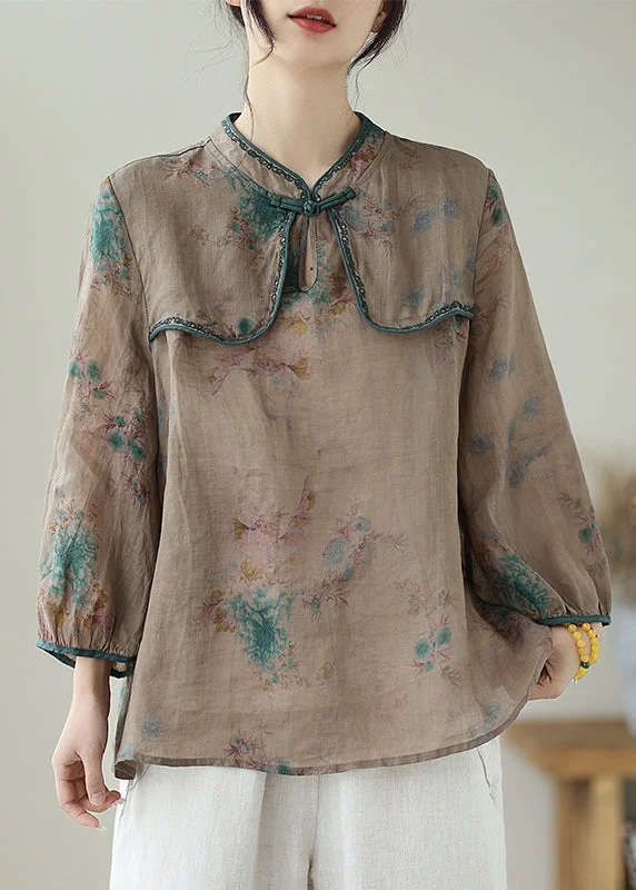 Popular Collection Fine Chocolate Embroideried Print Chinese Button Linen Top Summer Popular Collection Fine Chocolate Embroideried Print Chinese Button Linen Top Summer