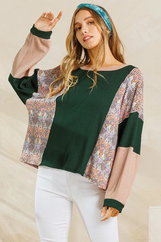 Massive Savings On New Arrivals HUNTER GREEN WAFFLE KNIT COLOR BLOCK CREW NECK TOP CFTC12469PA Massive Savings On New Arrivals HUNTER GREEN WAFFLE KNIT COLOR BLOCK CREW NECK TOP CFTC12469PA