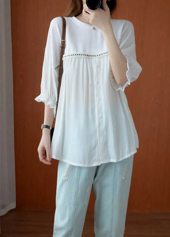 Essentials On Sale White O-Neck Wrinkled Chiffon Tops Half Sleeve