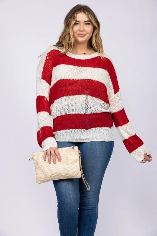 Street Chic Discounts RED STRIPE TEARED KNIT PULLOVER PLUS SIZE SWEATER TOP-ST1114P