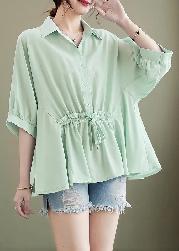 Best Prices Of The Season Happening Now Light Green Loose Cotton Tops Ruffled Tie Waist Batwing Sleeve Best Prices Of The Season Happening Now Light Green Loose Cotton Tops Ruffled Tie Waist Batwing Sleeve