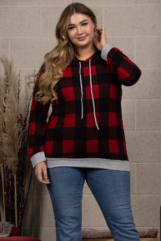 Weekend Savings Start Now RED PLAID DRAWSTRING HOODIE  PLUS SIZE TOP-ST1850