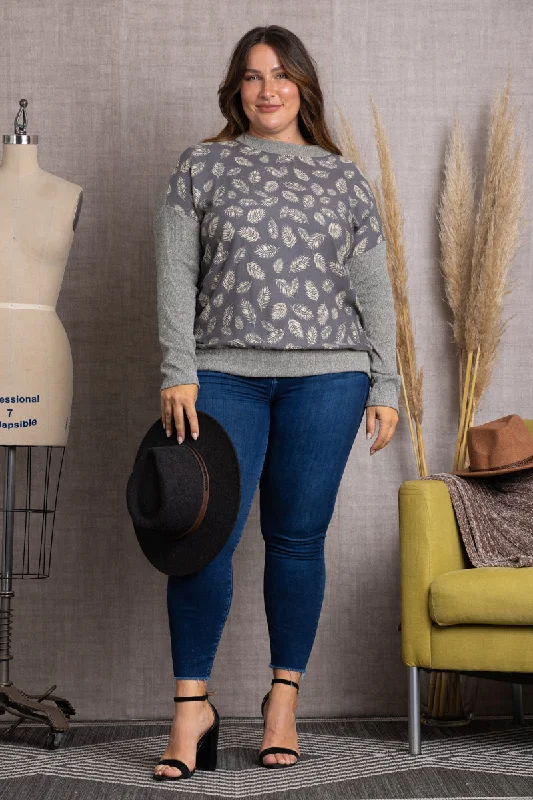 Catch Every Fashion Trend GREY LEAVES PRINT RIB CONTRAST PLUS SIZE TOP-TP1952