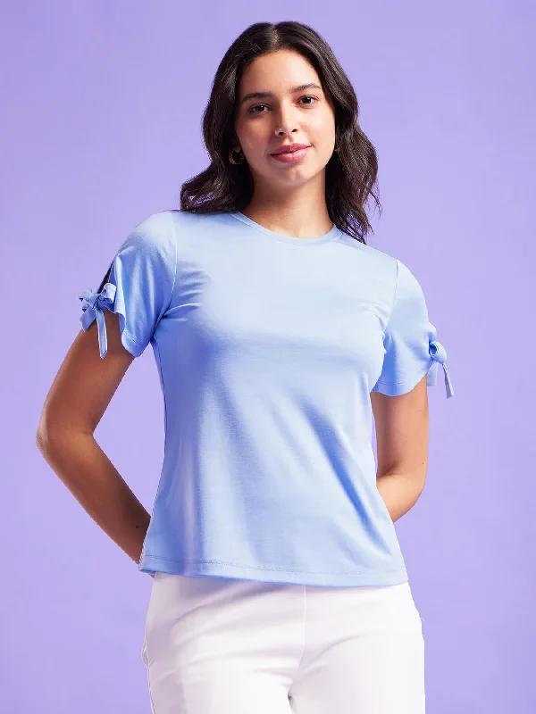 Special Promotions Available For A Short Time Tie-Up Sleeves Top - Blue