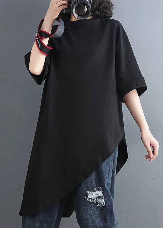Fashion Forward Stylish Black Oversized Asymmetrical Design Cotton Shirt Tops Summer