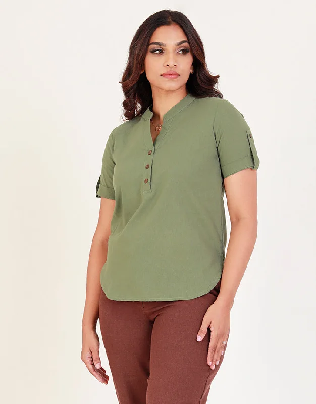 Vibrant Style Promotions Linen Chinese Collared Top with Tab Sleeves