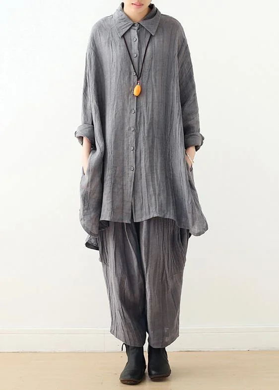 Unbeatable Deals Retro gray long-sleeved shirt loose plus size lapel top 20242024 new women's clothing Unbeatable Deals Retro gray long-sleeved shirt loose plus size lapel top 20242024 new women's clothing