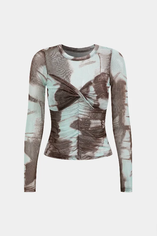 Special Sale – Don't Miss Out Tie Dye Print Mesh Twist Long-Sleeve Top