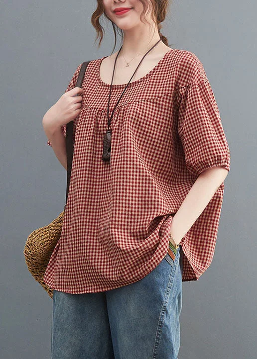 Romantic Fashion Discounts Handmade Red Plaid O Neck Patchwork Cotton T Shirt Top Short Sleeve Romantic Fashion Discounts Handmade Red Plaid O Neck Patchwork Cotton T Shirt Top Short Sleeve
