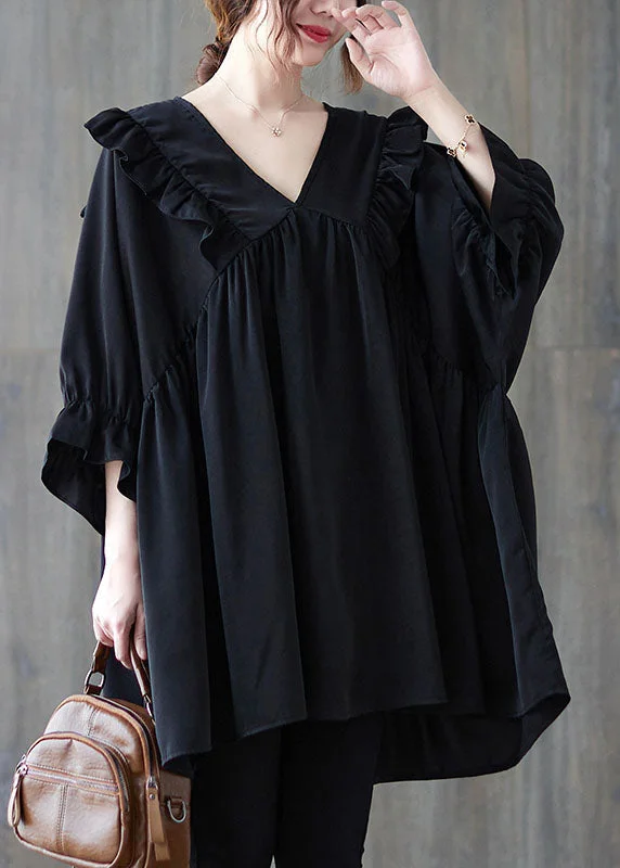 Exclusive Deals For This Week Only Oversized Black V Neck Ruffled Patchwork Cotton Shirt Top Summer Exclusive Deals For This Week Only Oversized Black V Neck Ruffled Patchwork Cotton Shirt Top Summer