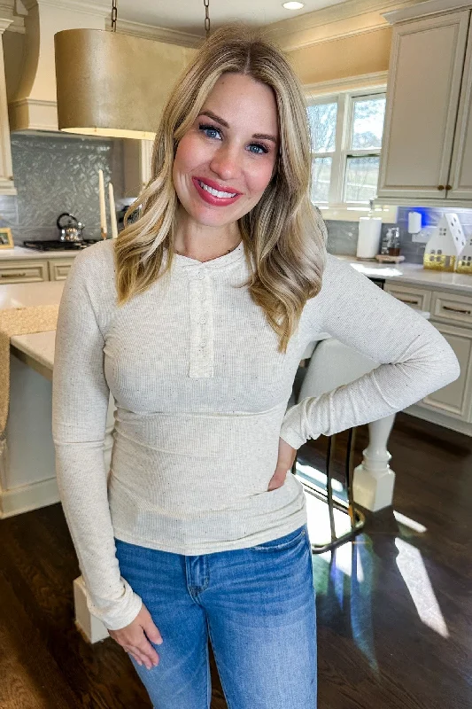Shop Now And Enjoy Exclusive Savings Speckled Oatmeal Ribbed Henley Top