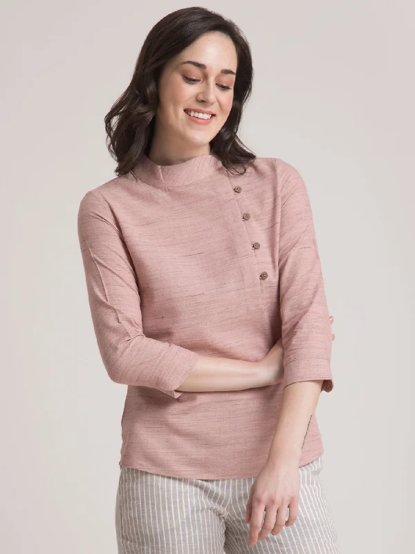 Exclusive Designer Style Deals Cotton Yarn Dyed Mandarin Collar Button Detail Top - Dusty Pink