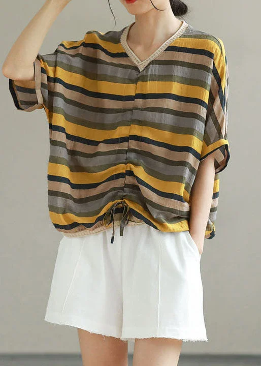 Trendy Looks, Wallet-Friendly Prices Yellow Striped Patchwork Cotton T Shirt Top V Neck Summer Trendy Looks, Wallet-Friendly Prices Yellow Striped Patchwork Cotton T Shirt Top V Neck Summer