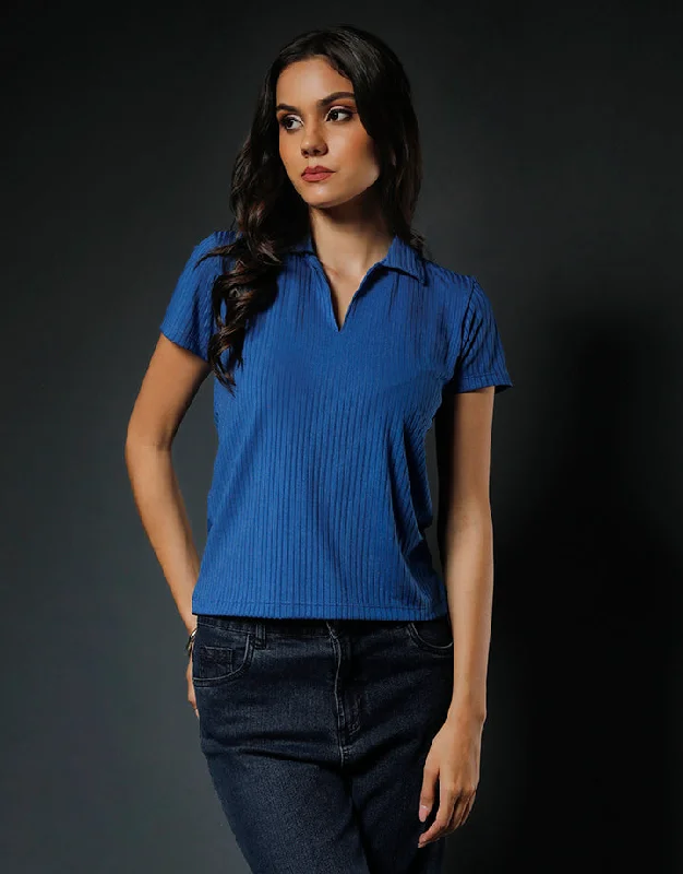 Hot Styles Short Sleeves Rib Knit Collared Top