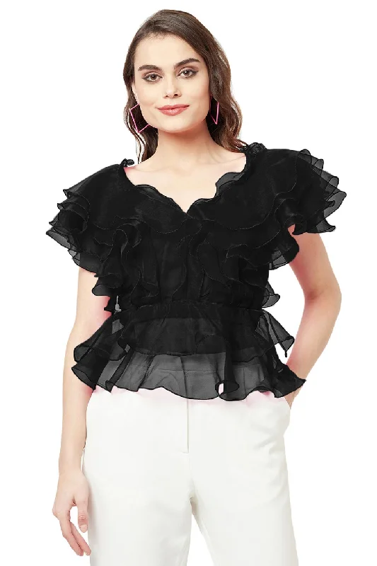 Spring Offer Black Multi-Layered Ruffle Top
