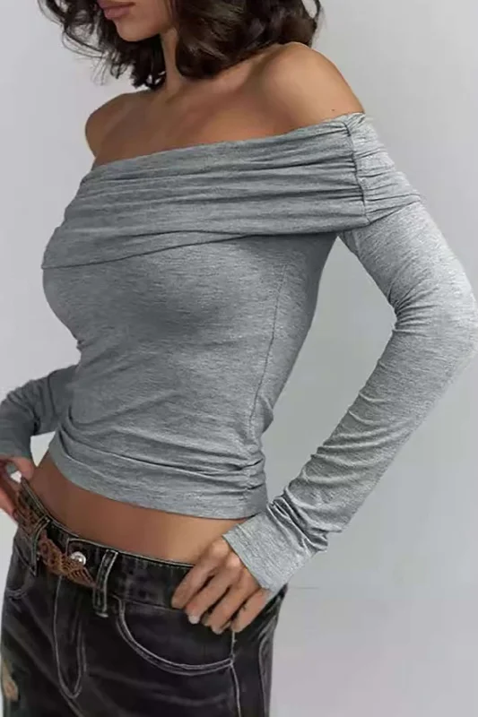 Fashion Frontiers Solid Ruched Off Shoulder Long-Sleeve Top