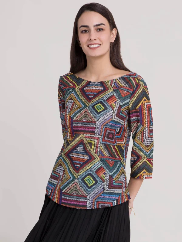 Urban Style Promotions Boat Neck Geometric Print Top - Multicolour