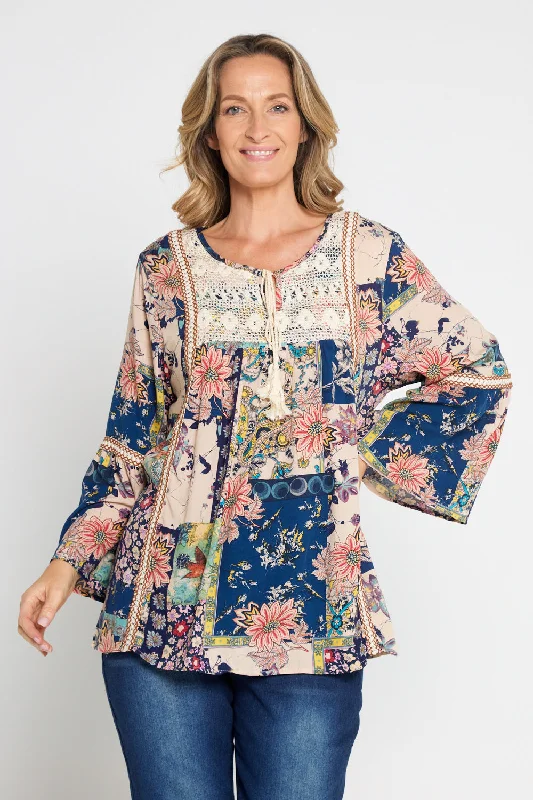 Classic Chic Deals Sasha Boho Top - Peach Navy Paisley