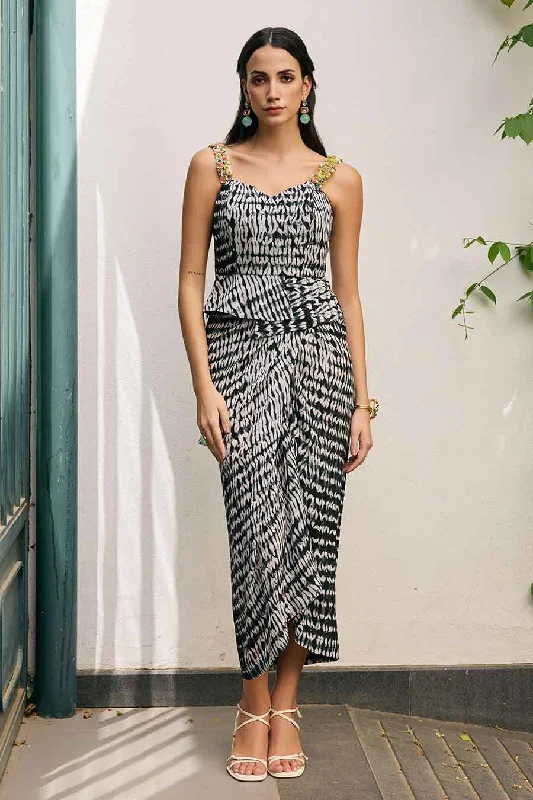 Fall Sale, Prices Drop Black & White Shibori Dyed Top & Draped Skirt Set