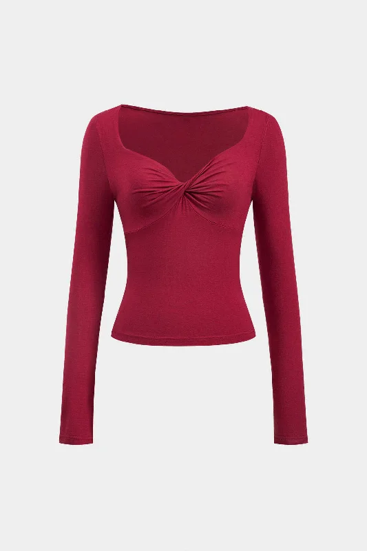Refined Fashion Sale Ruched Twist Knot V-Neck Long-Sleeve Top