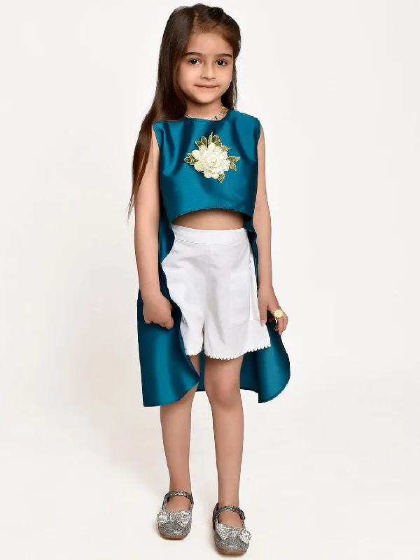 Summer Deals Turquoise Asymmetric Flower Emblished top and White shorts